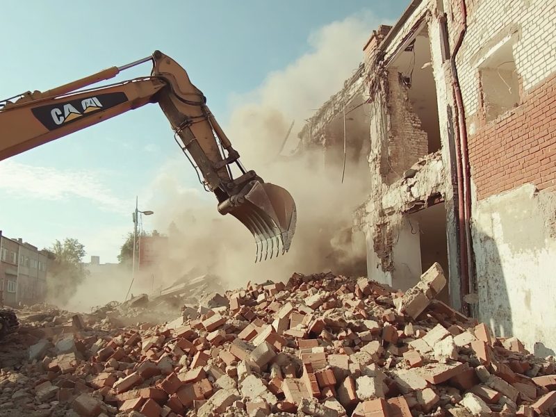 Excavator bringing down a brick wall during demolition